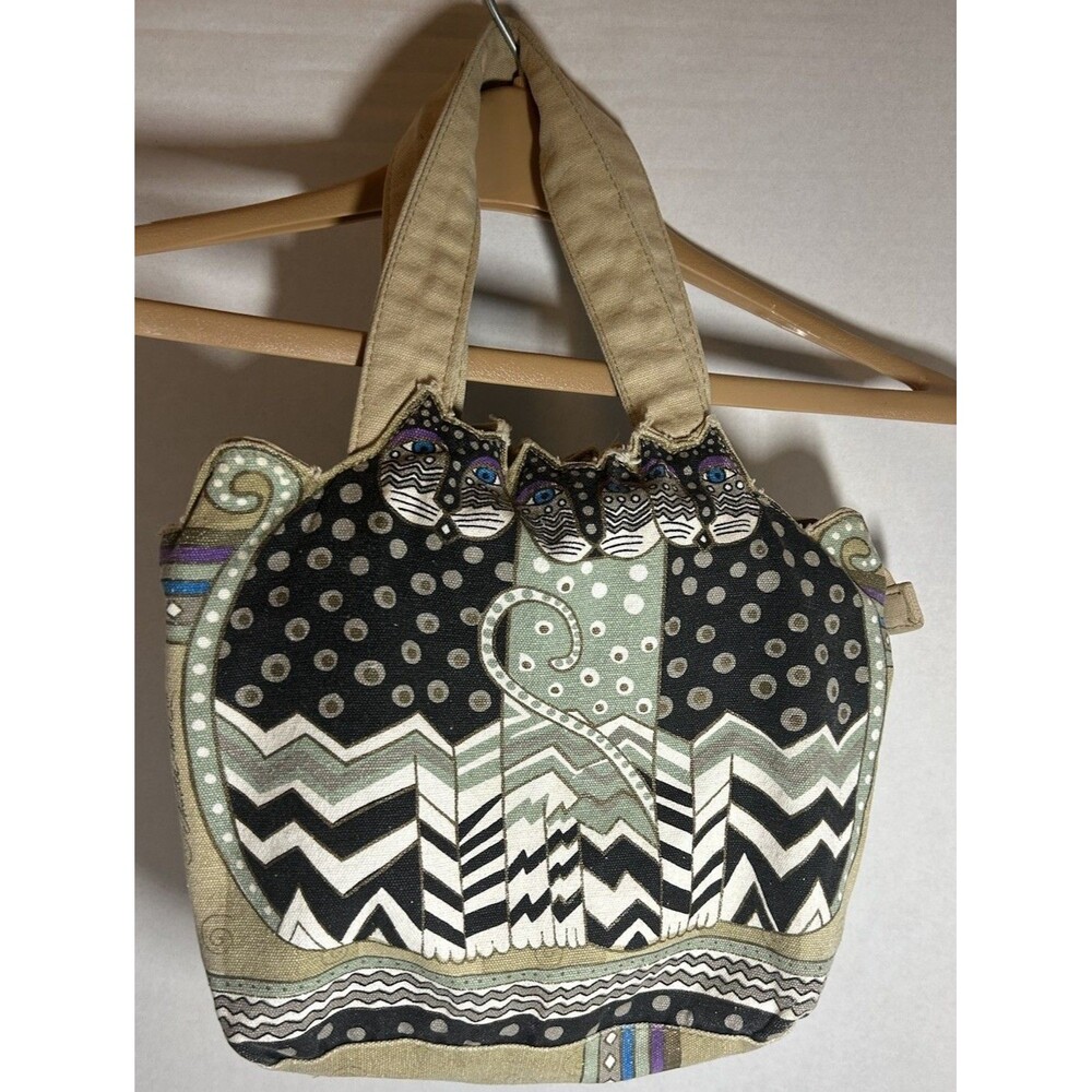 Laurel Burch Figural Cats Small Canvas Tote Bag Tan Geometric Zip Top Boho Artsy